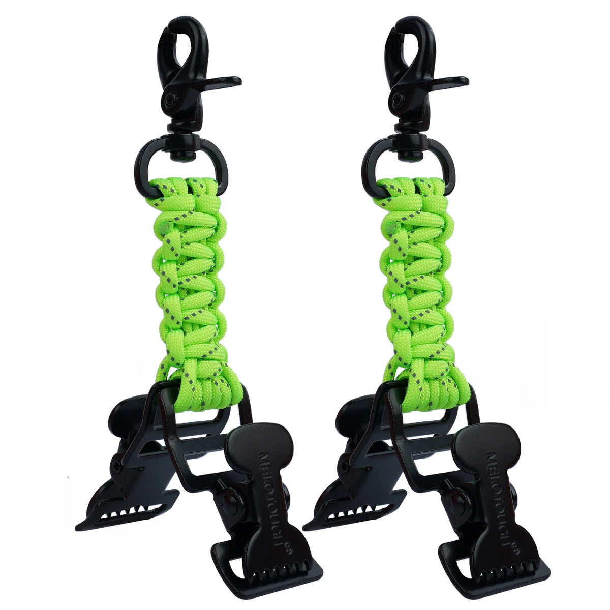 Un par de clips de guante tácticos negros con cordón verde lima y accesorios de garra.