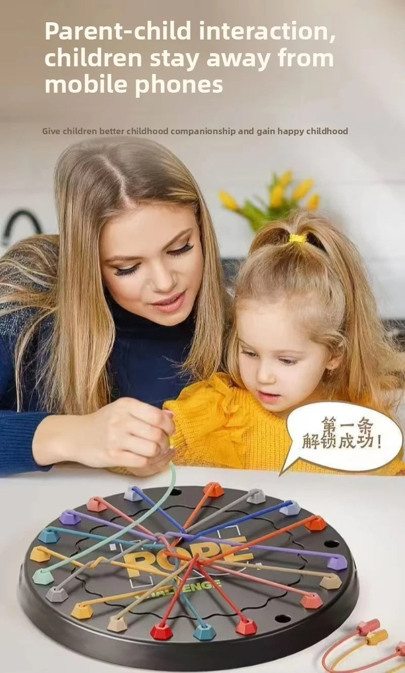 A children's rope untangle puzzle with colored ropes and pegs on a black board.