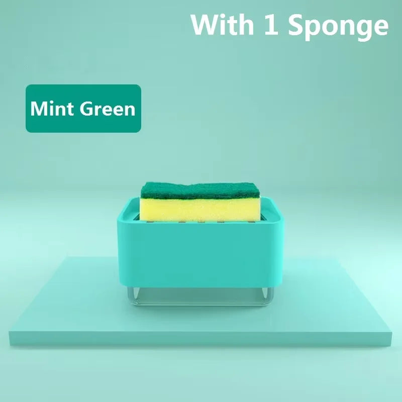 Mint green kitchen soap dispenser with a yellow sponge inside