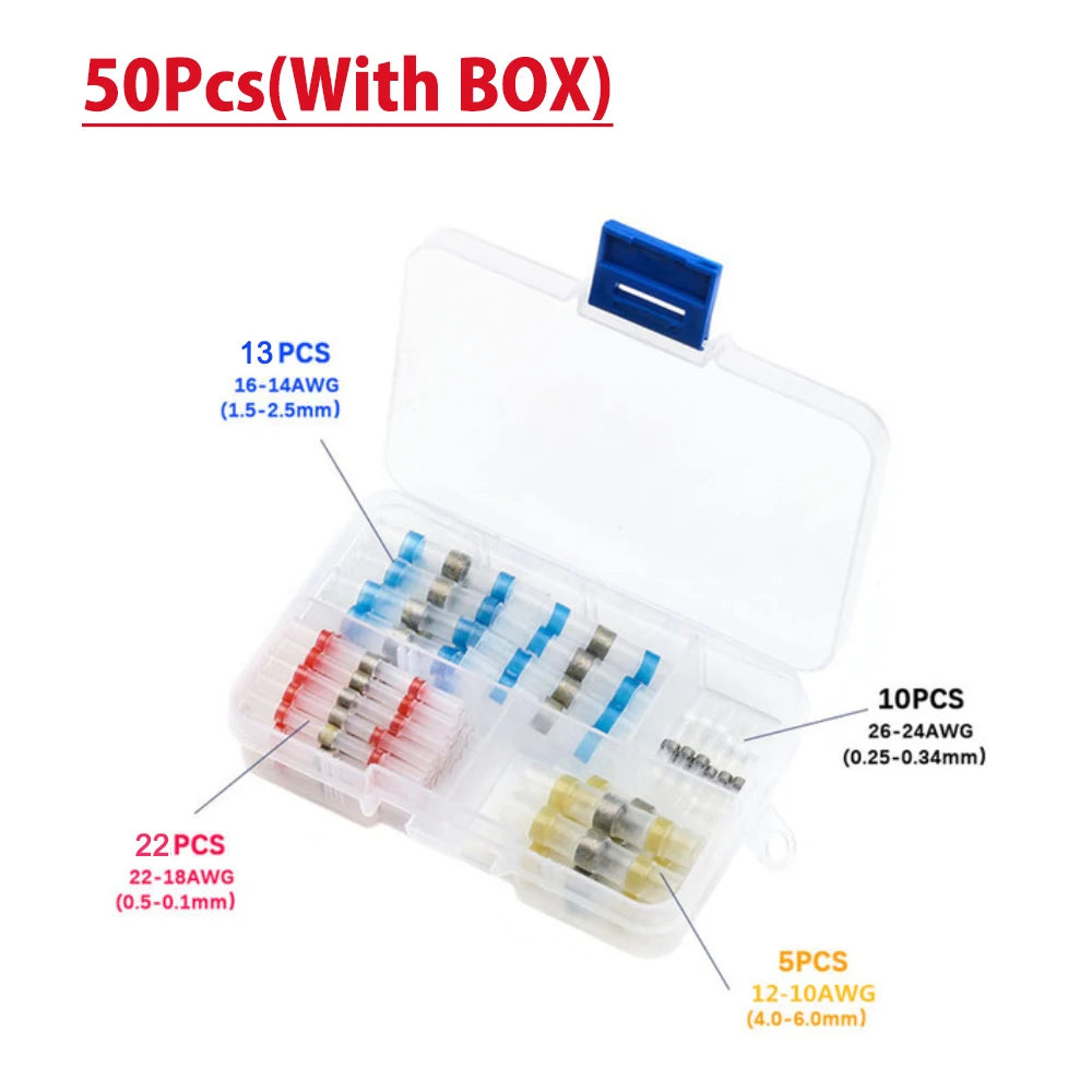 A kit of solder seal wire connectors in various gauges and lengths, packaged with a storage box.