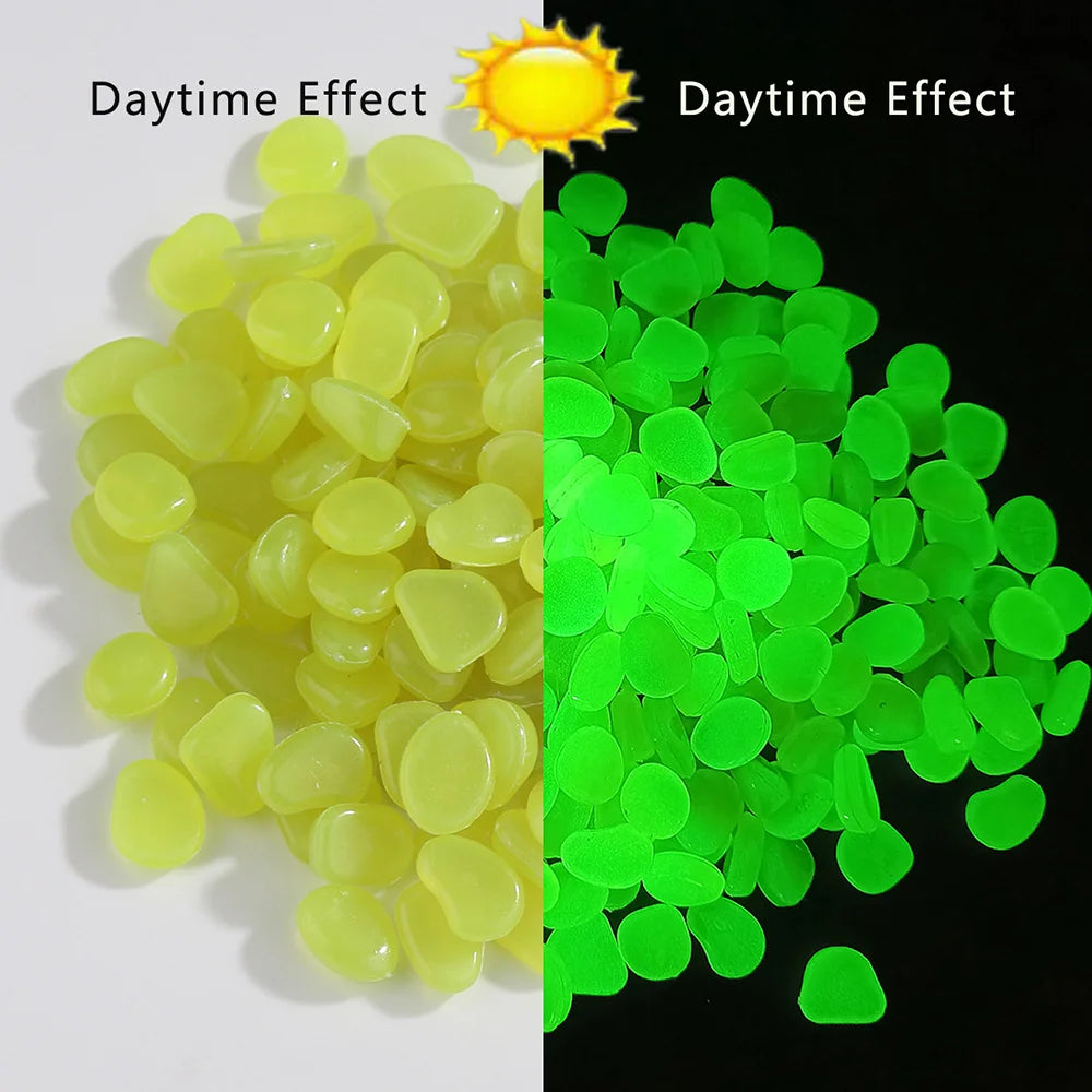 A split image showing yellow and green glow-in-the-dark resin pebbles under sunlight.