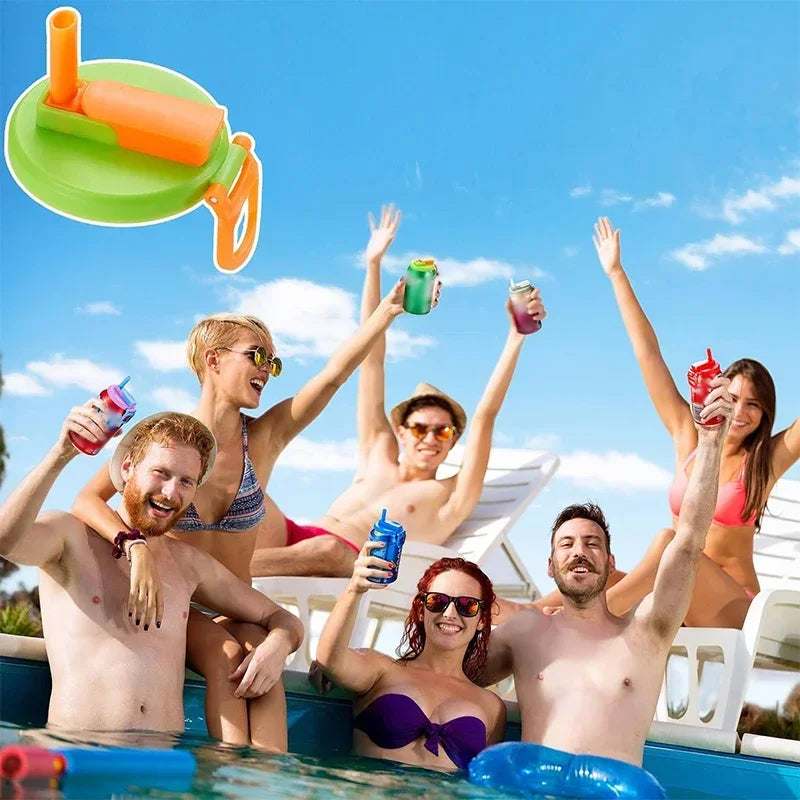 A group of people enjoying a summer drink outdoors with a reusable silicone can lid and straw.