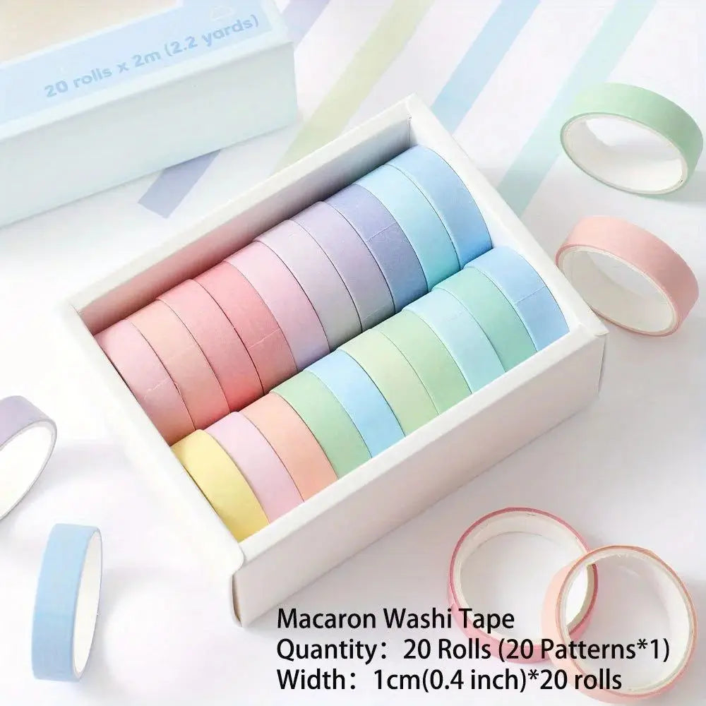 A box of 20 rolls of colorful macaron washi tape in various pastel shades displayed on a white surface.