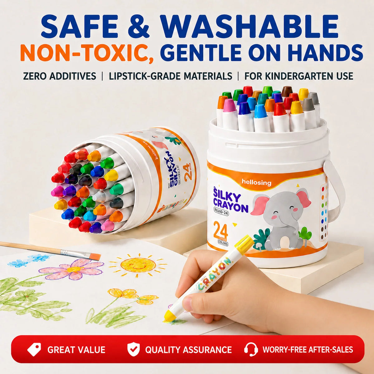 A hand holds a white plastic container of silky crayon set with 12 colors, demonstrating safe and washable non-toxic art supp