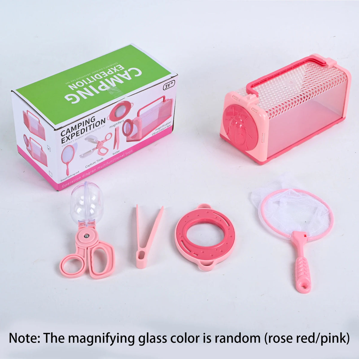 A pink kids insect explorer kit includes a camping expedition box, an observation cage with a net, and a magnifying glass.
