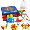 A collection of colorful wooden pattern blocks and puzzle pieces for children.