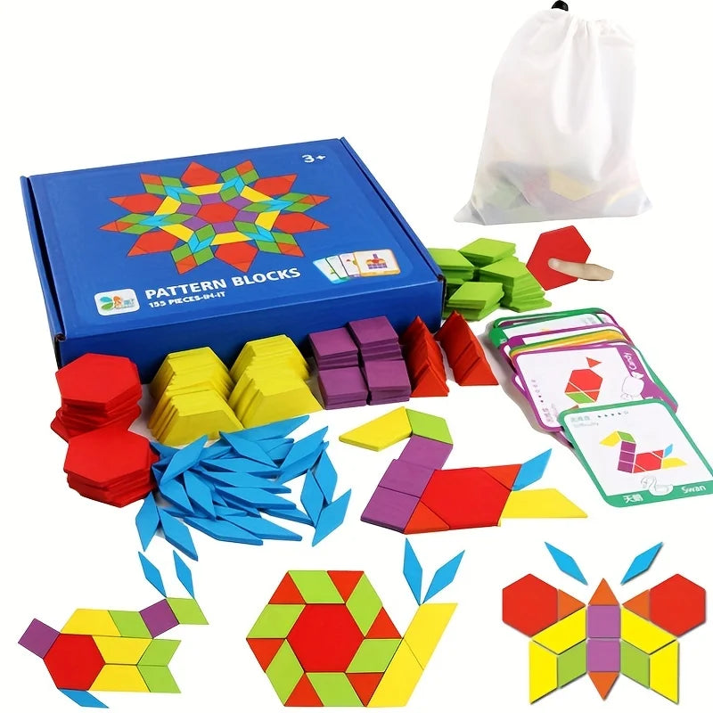 A collection of colorful wooden pattern blocks and puzzle pieces for children.