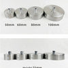 A set of polished stainless steel ceiling mount canopies with diameters ranging from 50mm to 100mm and a height of 25mm.