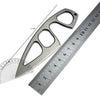 A compact stainless steel neck knife with a serrated blade and a guide scale for measuring.