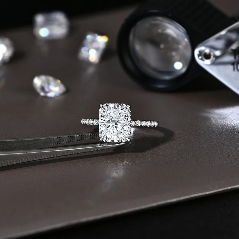 Radiant Cut Moissanite Engagement Ring with Hidden Halo