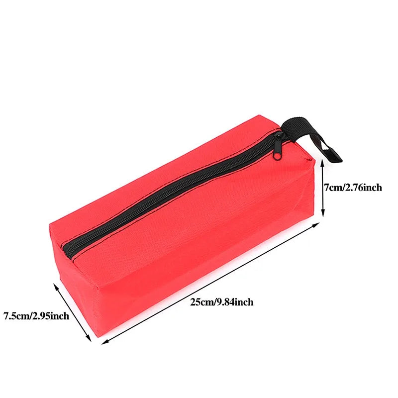A red compact tool organizer bag with a black zipper and carrying strap.