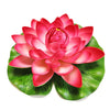 A vibrant pink lotus flower with green leaves floating on white background.