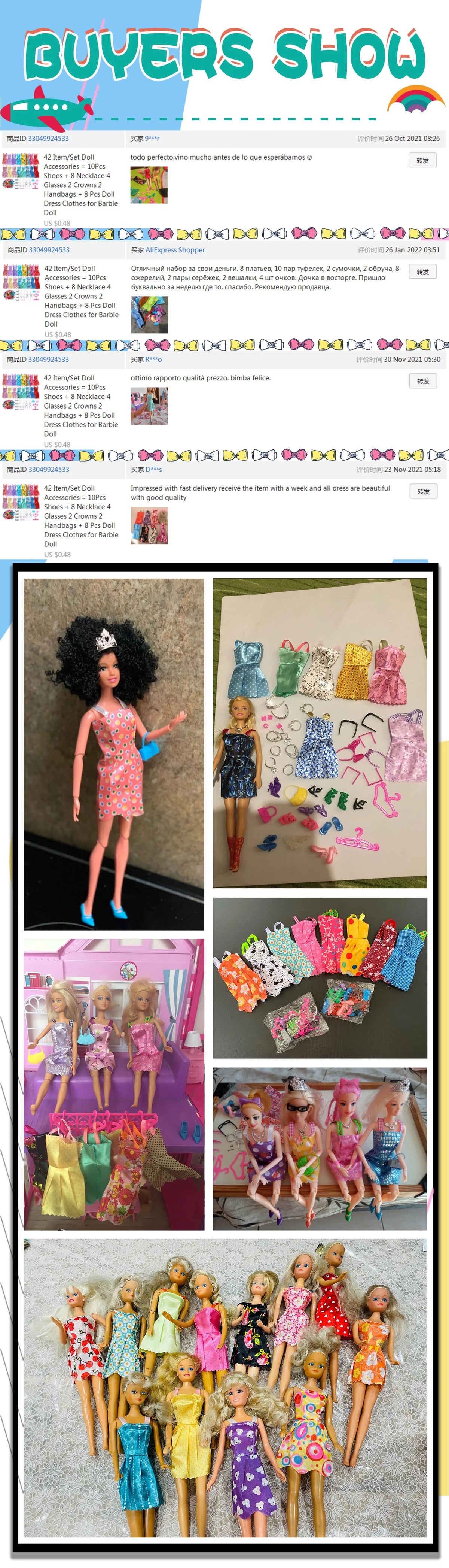 A collection of 42 doll fashion accessories including dresses, hair, and makeup for 1/6 scale dolls.