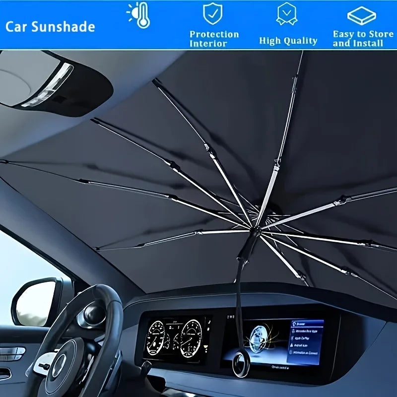 A foldable car sunshade umbrella is shown deployed inside a car, covering the windshield.