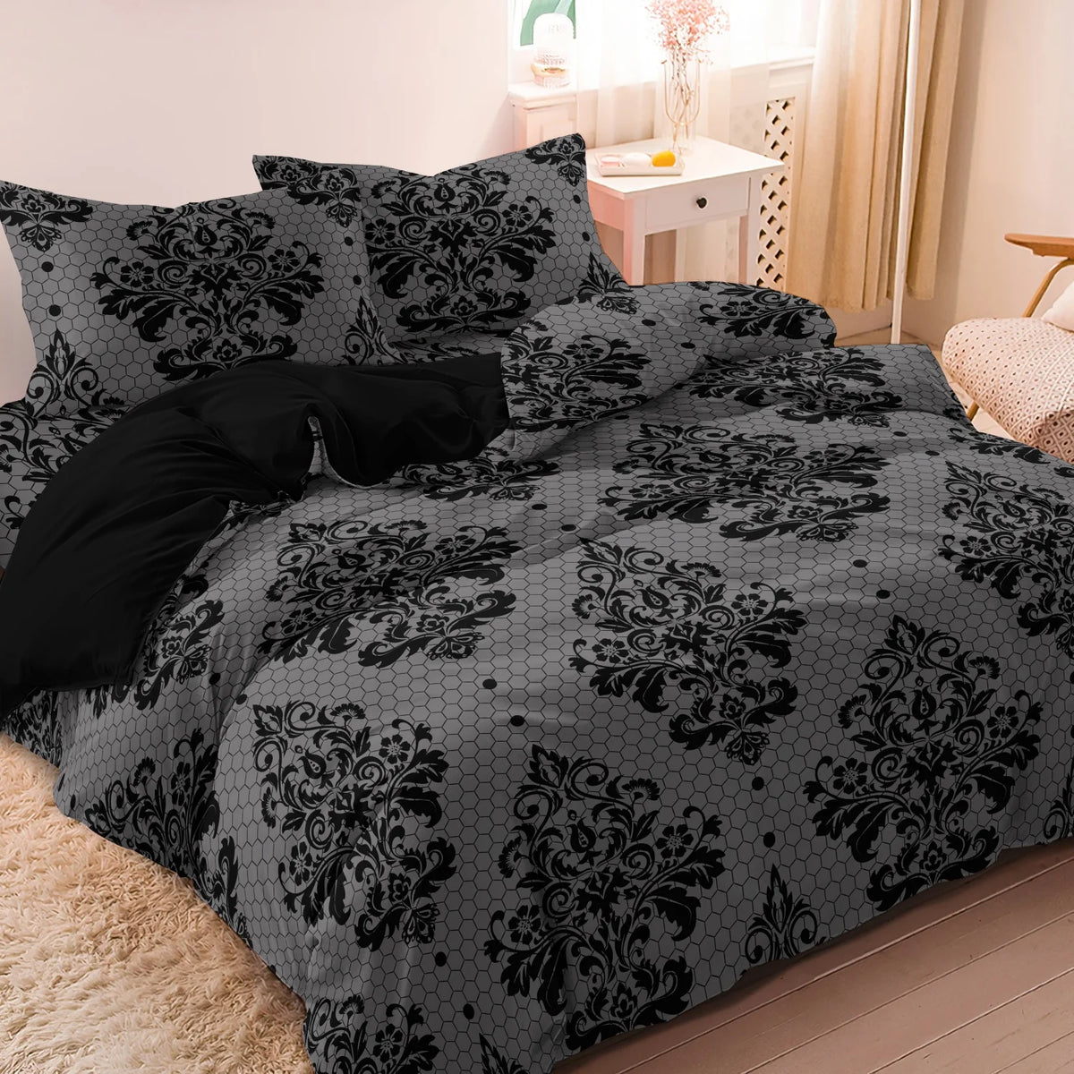 Gray and Black Damask Print Duvet Cover Set with Honeycomb Motif