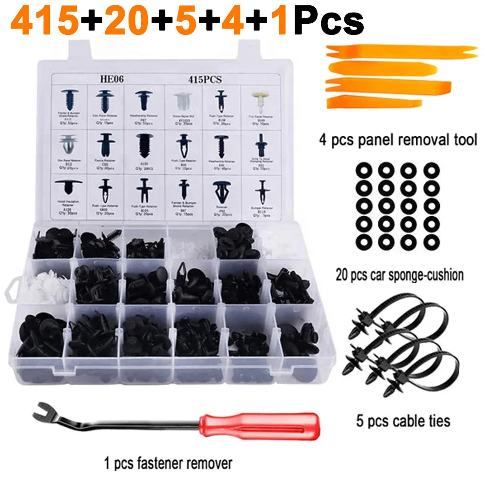 A kit containing various fasteners, tools, and accessories for car trim repair including panel removal tools, sponge cushions