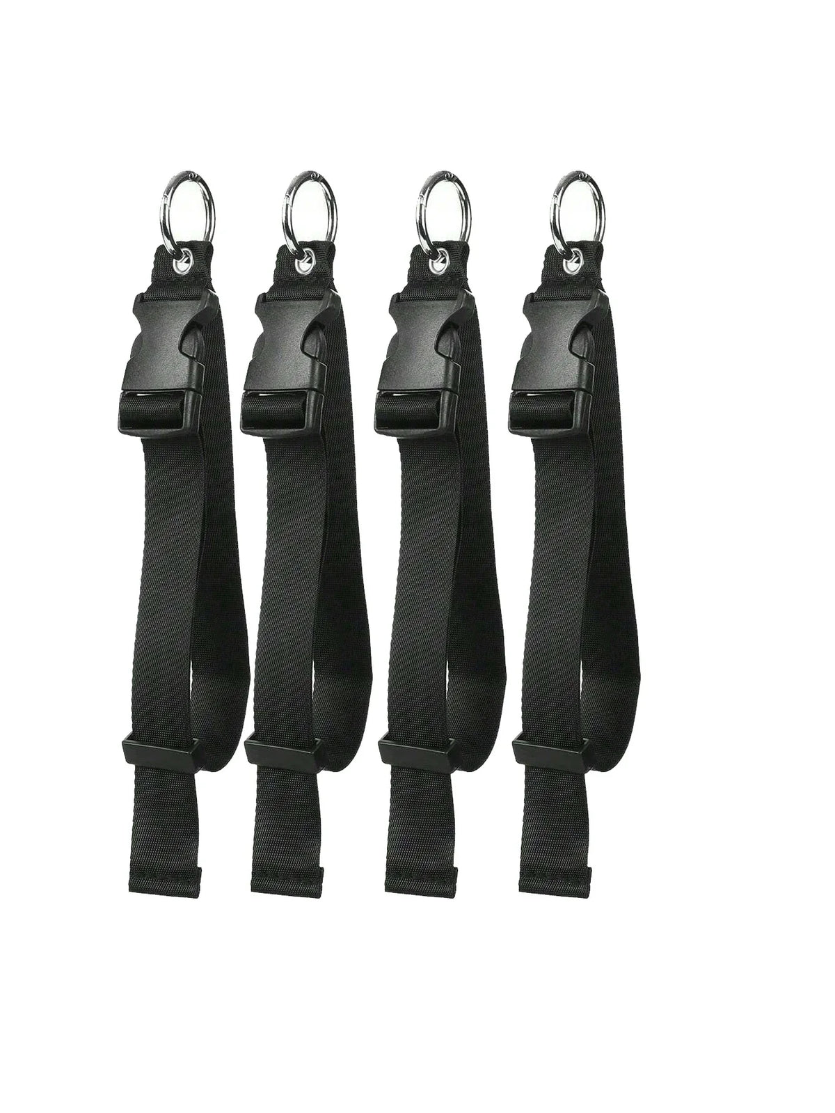 Four black durable polyester luggage straps with metal rings and ID tags