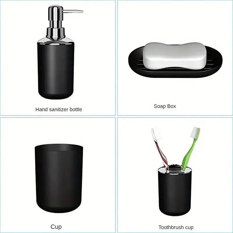 A set of four bathroom accessories including a hand sanitizer bottle, soap box, cup, and toothbrush cup.