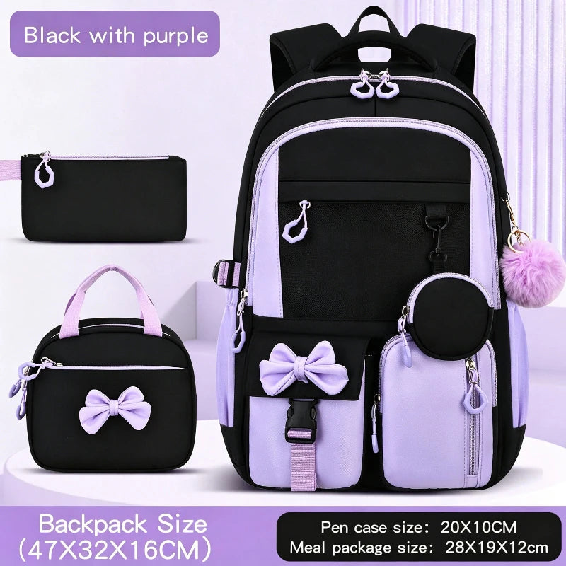 Black and purple backpack set featuring a front pouch, a separate bag, and various compartments for school supplies.