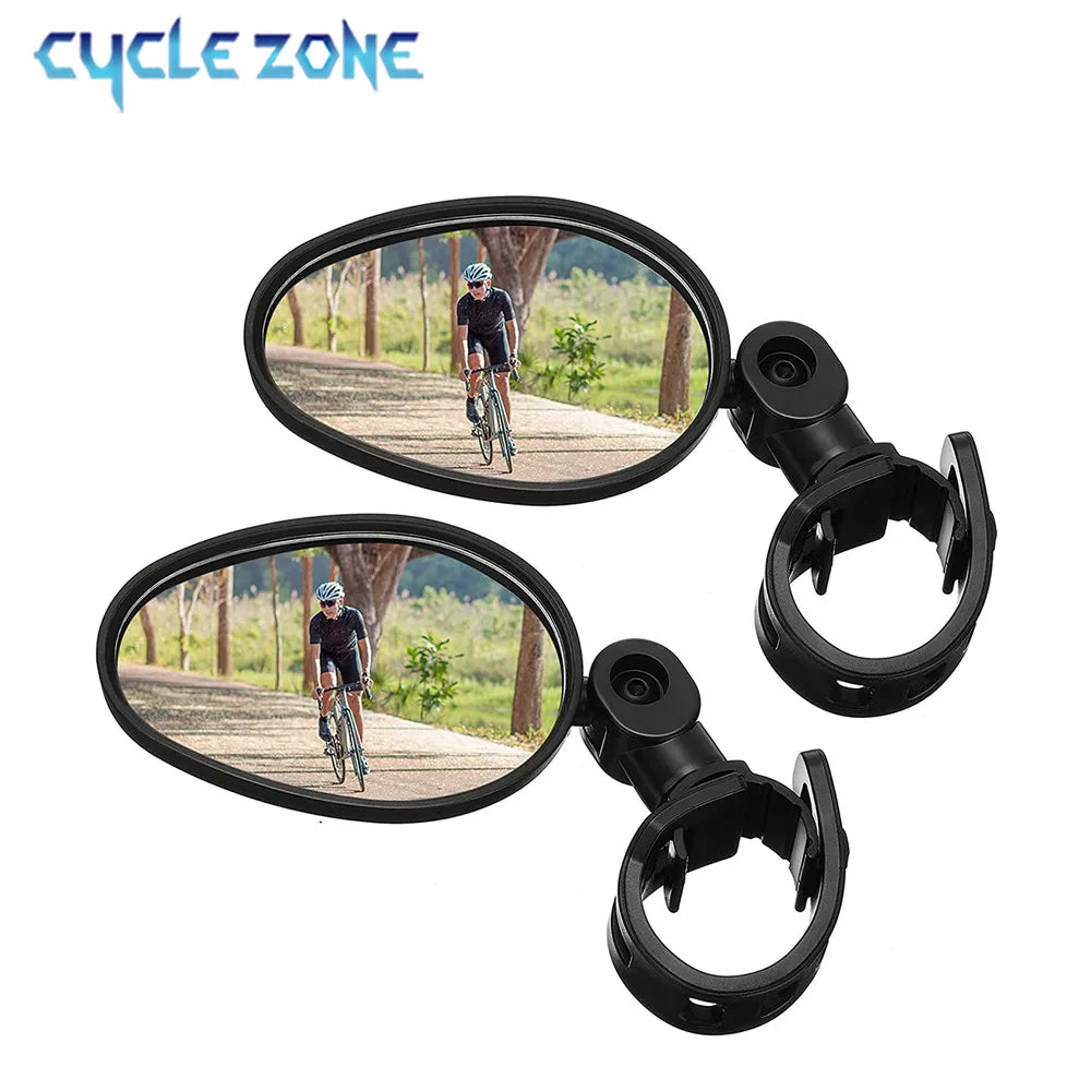 A black 360° adjustable bicycle rearview mirror mounted on a clamp.