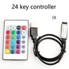 A 24 key controller for IR remote control of an RGB LED strip, shown next to the controller and its cable.