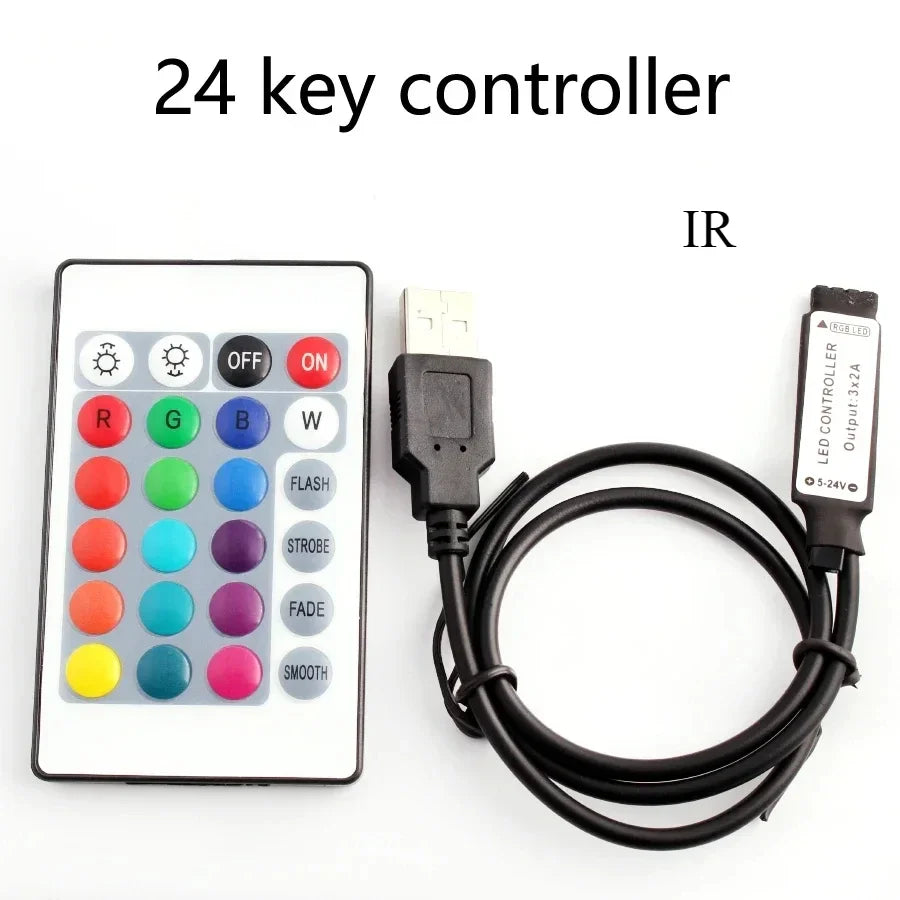 A 24 key controller for IR remote control of an RGB LED strip, shown next to the controller and its cable.