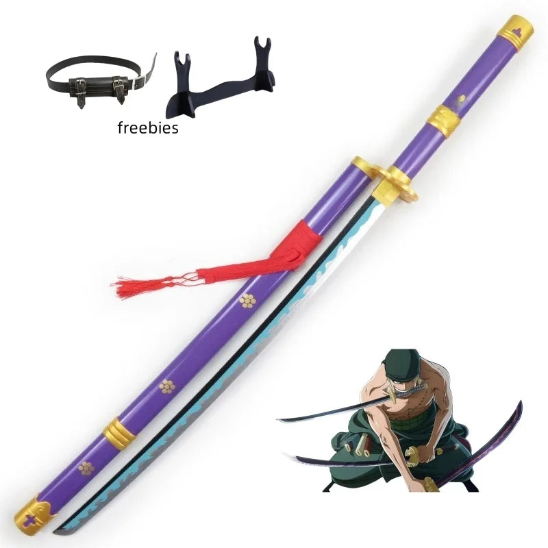 A purple and gold cosplay katana sword with a red cloth wrap and an illustration of Roronoa Zoro.