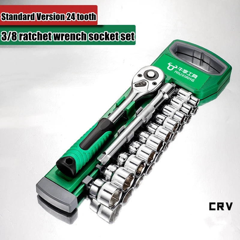 A green chrome vanadium socket set with a quick-release ratchet and various metric and imperial sockets.