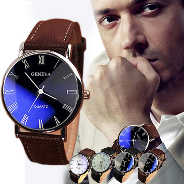 Primer plano de un hombre vistiendo un reloj de cuero marrón y varios relojes de cuarzo con números romanos iridiscentes.