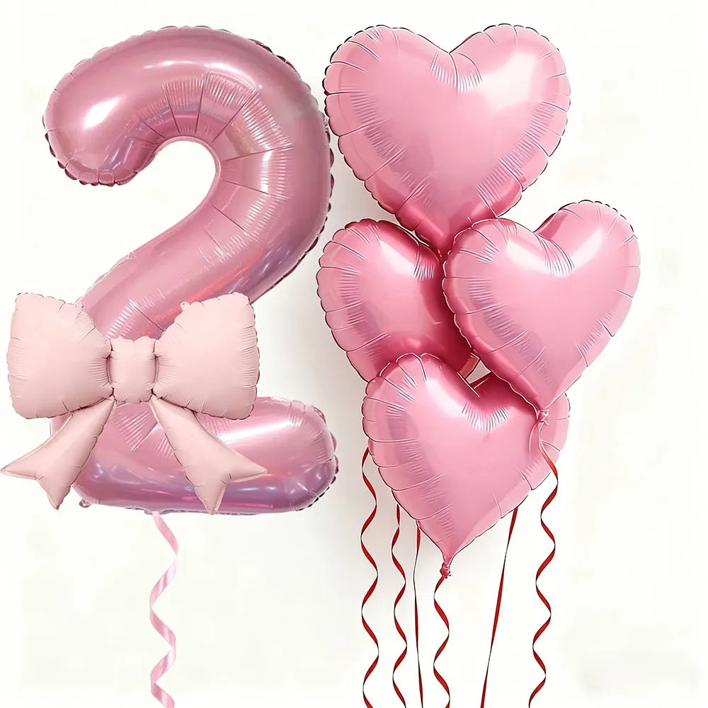 Pink Bow Heart and Number Foil Balloon Set for Celebrations