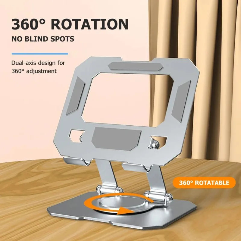 A silver foldable tablet stand with a dual-axis design shown in a 360 degree rotation context.