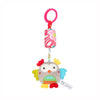 A soft plush baby rattle toy with a hanging bell shaped like a cartoon animal for newborns.