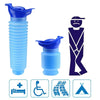 A set of blue portable urinals for travel and outdoor use, including a vertical and a smaller version.