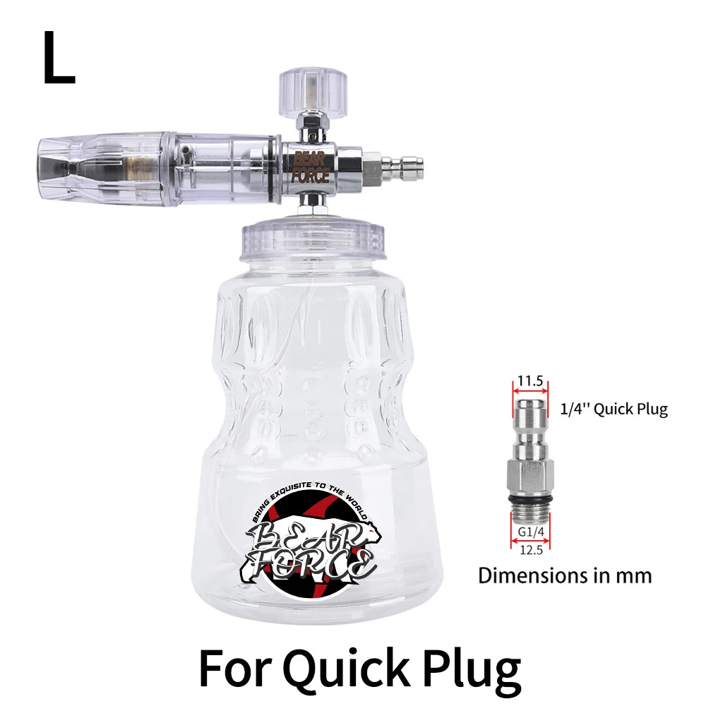 Aluminum foam lance for pressure washers with a clear glass bottle and quick plug fitting