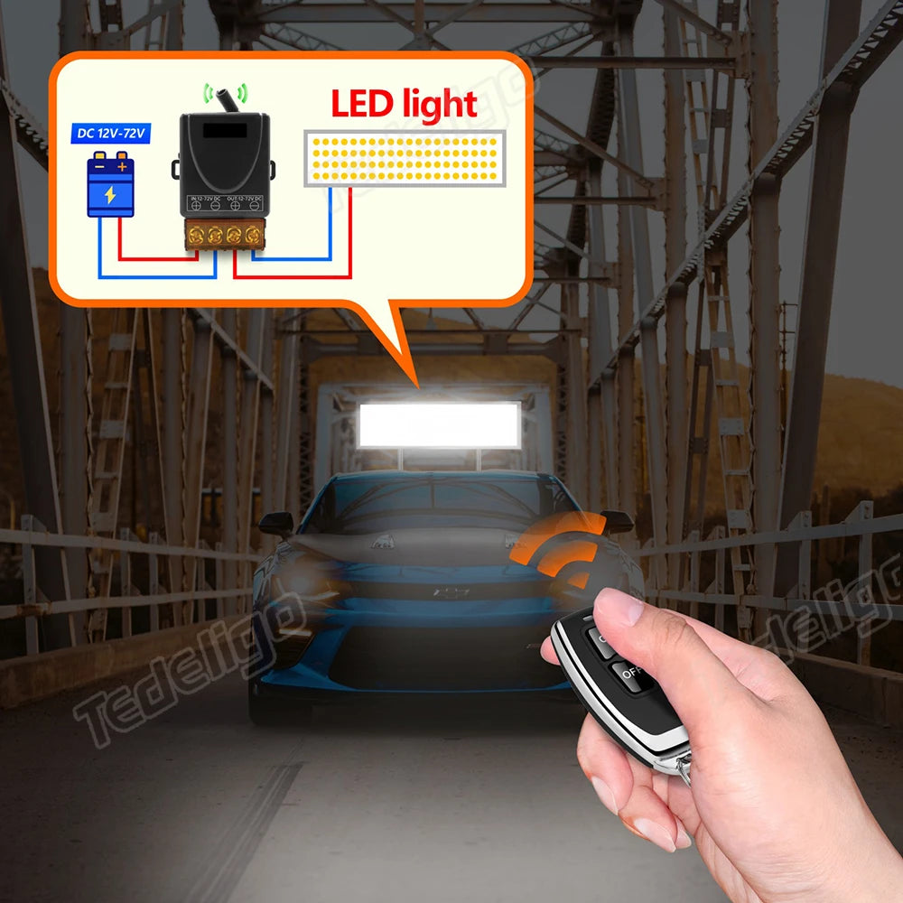 A hand holds a black wireless remote control switch for a 12-72V DC relay, demonstrating its use in a vehicle context.
