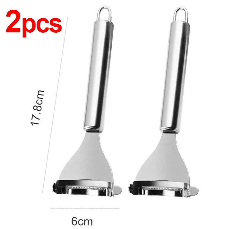 Two stainless steel corn peelers shown side by side with dimensions labeled.
