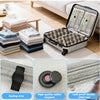 Reusable vacuum compression bags with sealing strips and rubber stoppers shown next to stacked towels.