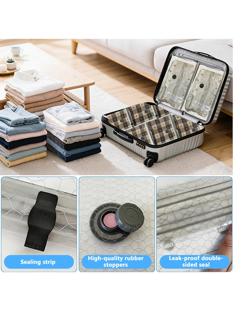 Reusable vacuum compression bags with sealing strips and rubber stoppers shown next to stacked towels.