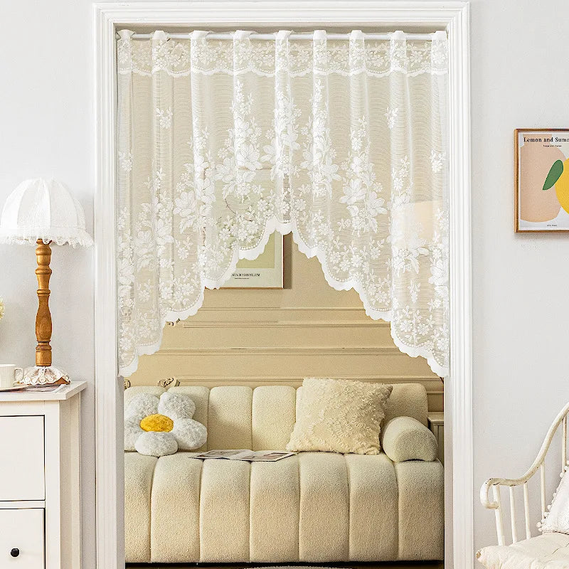 White Sheer Lace Curtain Valance with Floral Jacquard Pattern