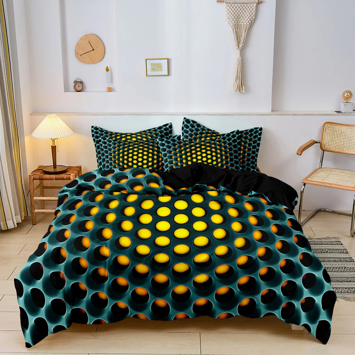A teal and black geometric duvet cover set featuring a honeycomb pattern with yellow accents.