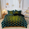 A teal and black geometric duvet cover set featuring a honeycomb pattern with yellow accents.