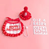 A red pet birthday party hat and bib set for cats and small dogs with a number 3 and a pink background.