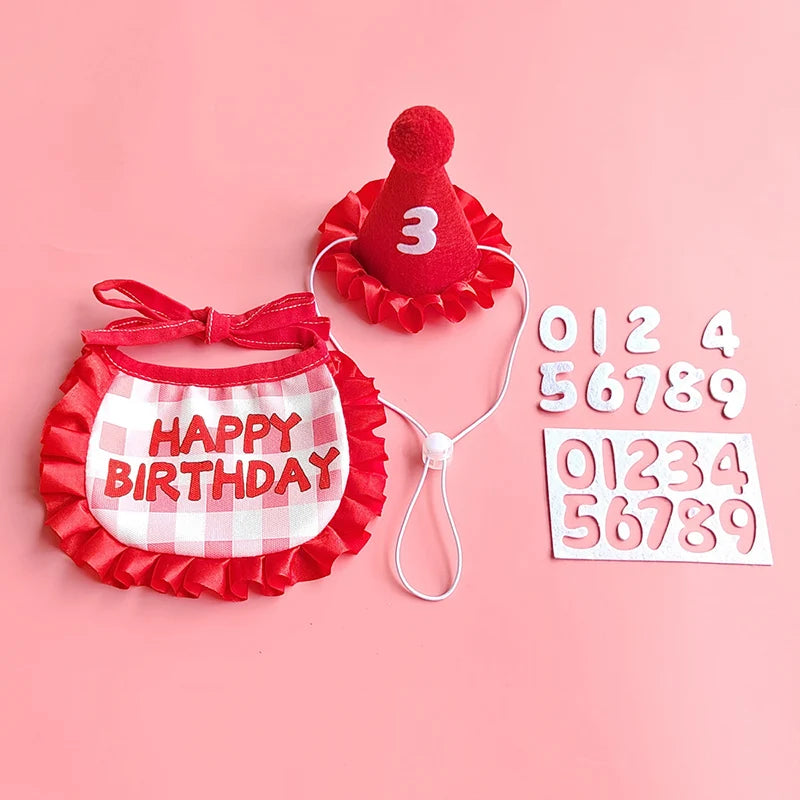 A red pet birthday party hat and bib set for cats and small dogs with a number 3 and a pink background.