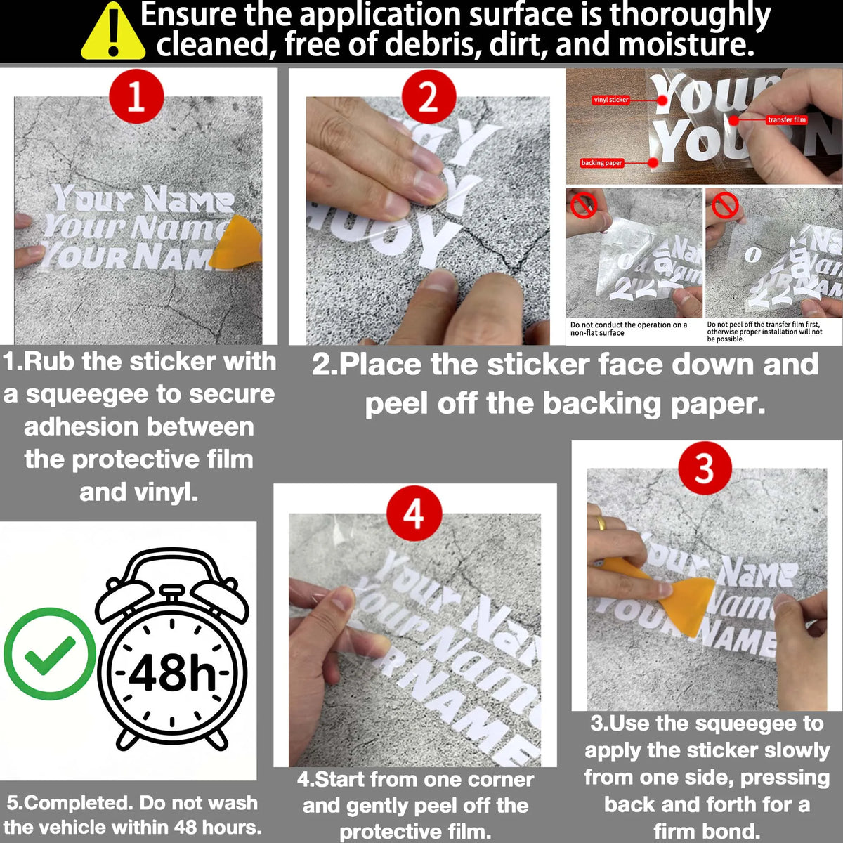 Instructions for applying a custom name decal sticker to a motorcycle helmet surface.