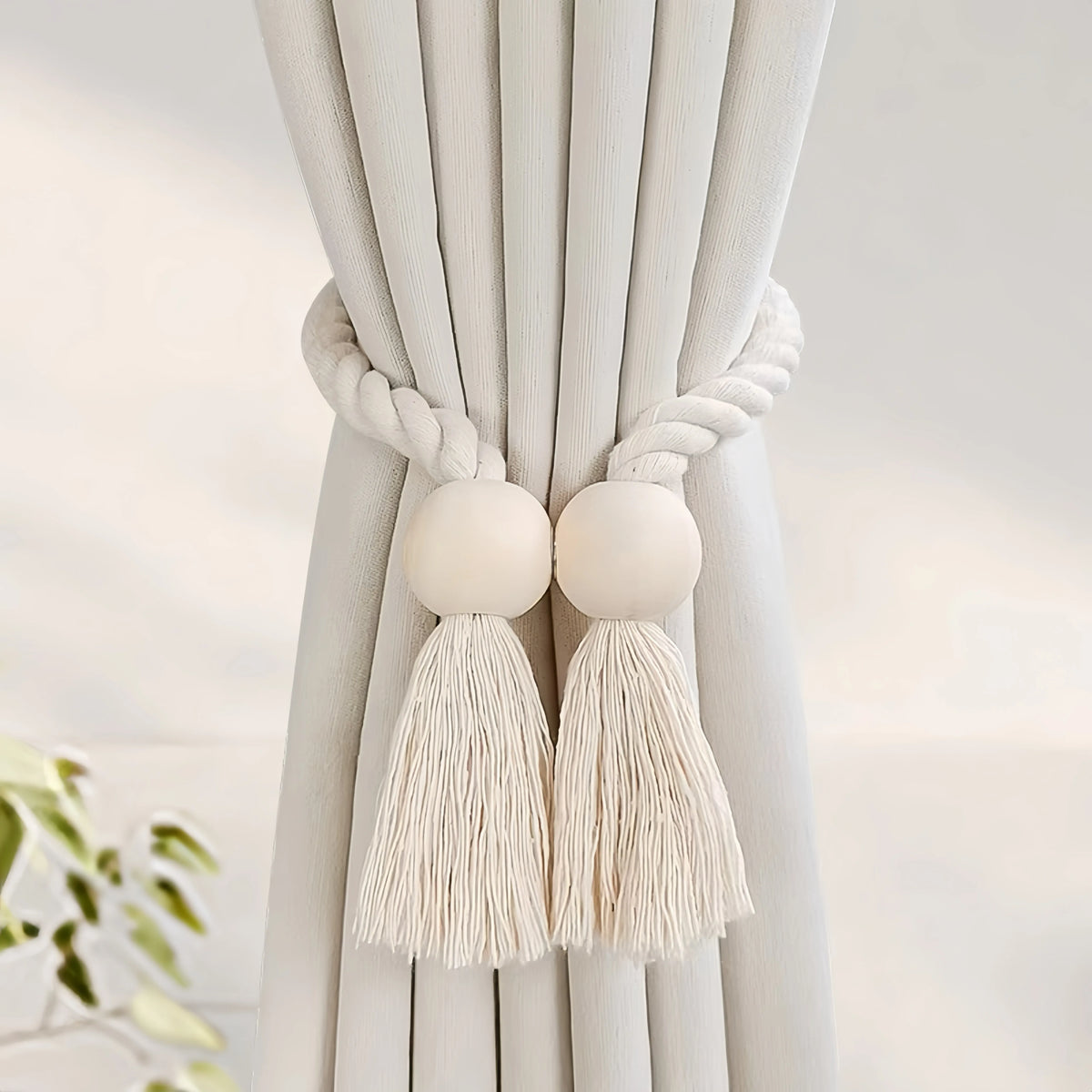 Handwoven Boho Curtain Tiebacks with Wooden Beads
