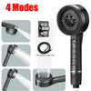A black high-pressure handheld shower head with four modes and stainless steel nozzles is shown in various spray patterns.