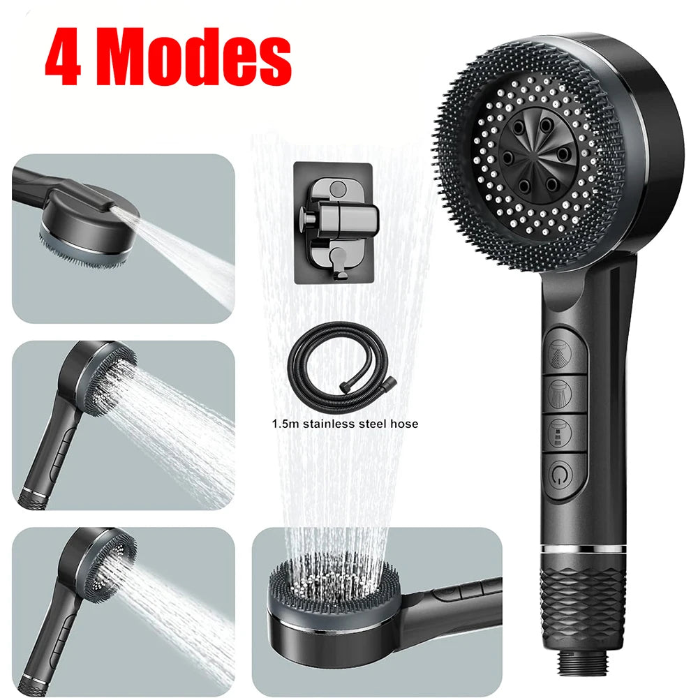 A black high-pressure handheld shower head with four modes and stainless steel nozzles is shown in various spray patterns.