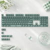 A close-up of a teal crystal clear RGB backlit keycap set with MDA profile arranged on a white surface.