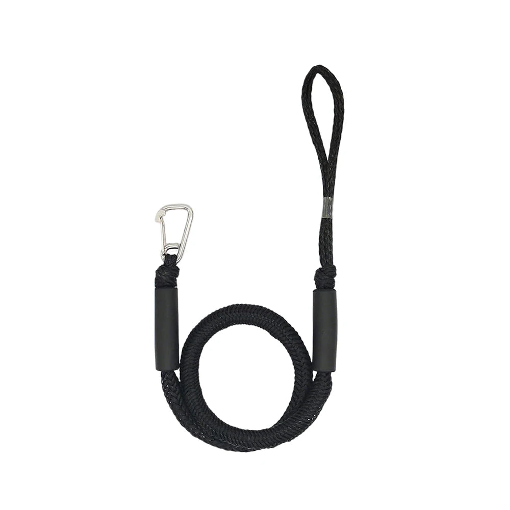 Black elastic marine dock lines with a metal hook and shock absorption feature