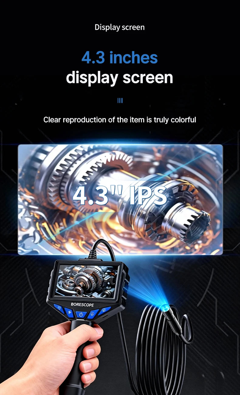 A hand holds an industrial endoscope with a 4.3 inch IPS display, showing a close-up of internal machinery.